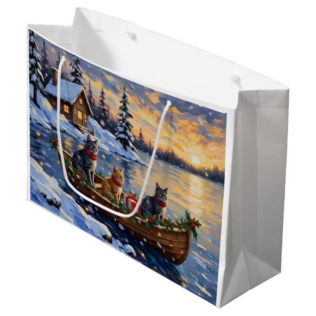 Russian Blue Cat Christmas Boat Holiday Large Gift Bag (Front Angled)