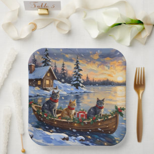 Russian Blue Cat Christmas Boat Holiday Paper Plate