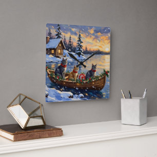 Russian Blue Cat Christmas Boat Holiday Square Wall Clock
