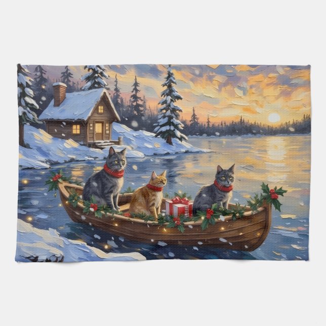Russian Blue Cat Christmas Boat Holiday Tea Towel (Horizontal)