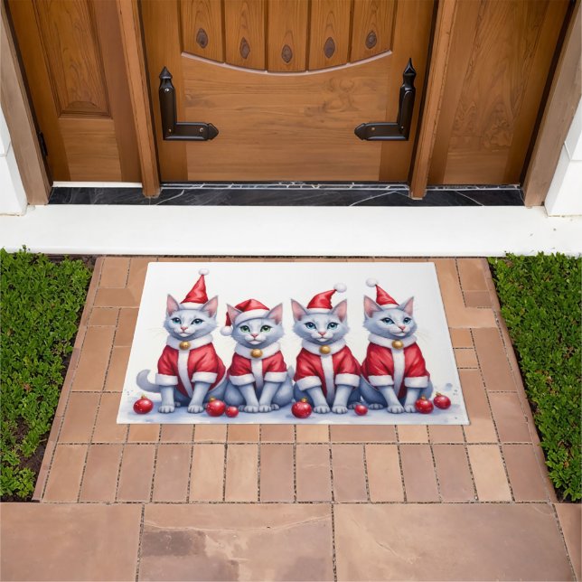 Russian Blue Cat Christmas Dress Santa Hat Doormat (Outdoor)