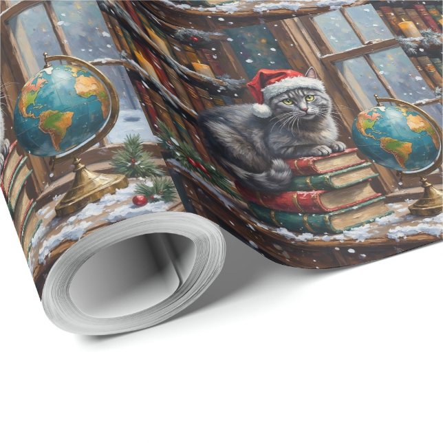 Russian Blue Cat Christmas Library Reading Nook Wrapping Paper (Roll Corner)