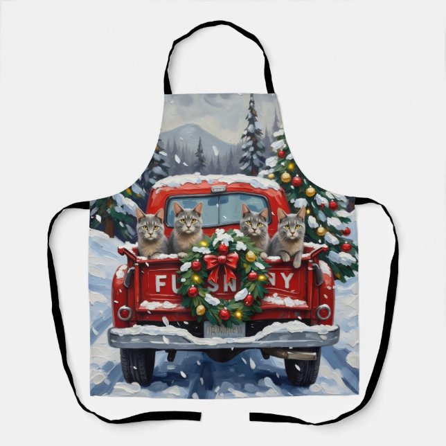Russian Blue Cat Christmas Red Truck Holiday Apron (Front)