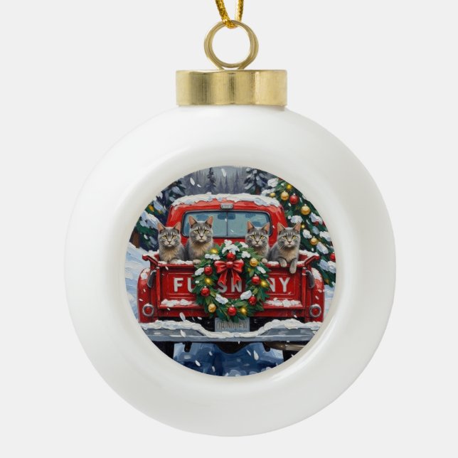 Russian Blue Cat Christmas Red Truck Holiday Ceramic Ball Christmas Ornament (Front)
