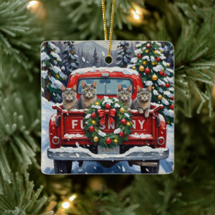 Russian Blue Cat Christmas Red Truck Holiday Ceramic Ornament