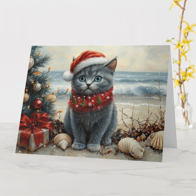 Russian Blue Cat Christmas Vintage Beach  Card (Yellow Flower)