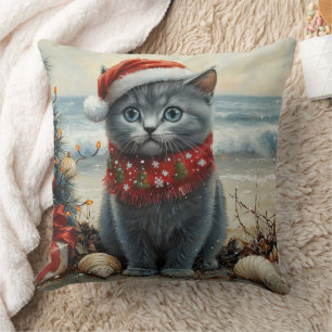 Russian Blue Cat Christmas Vintage Beach  Cushion