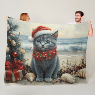 Russian Blue Cat Christmas Vintage Beach  Fleece Blanket