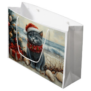 Russian Blue Cat Christmas Vintage Beach  Large Gift Bag
