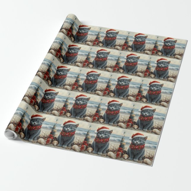 Russian Blue Cat Christmas Vintage Beach  Wrapping Paper (Unrolled)