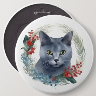Russian Blue Cat Christmas Wreath Festive Kitten 6 Cm Round Badge