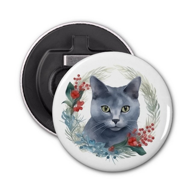 Russian Blue Cat Christmas Wreath Festive Kitten Bottle Opener (Front)