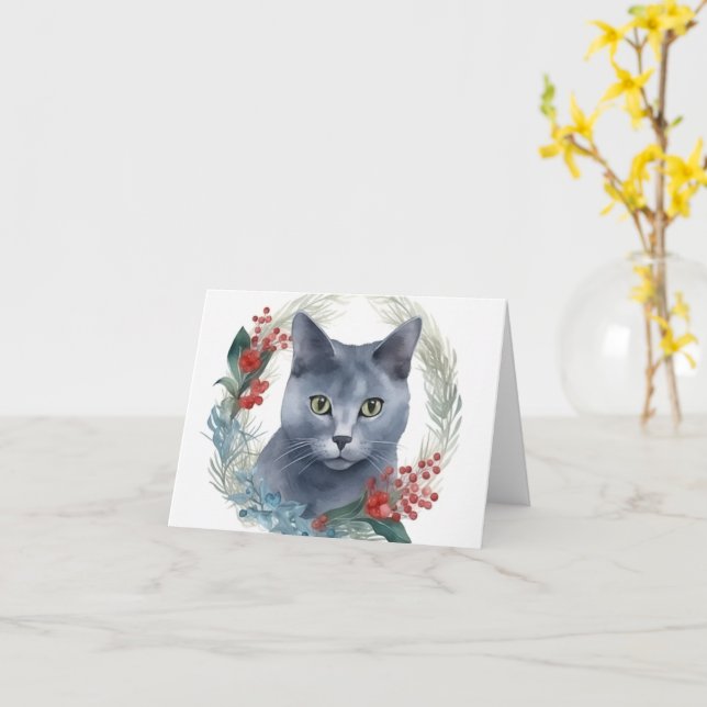 Russian Blue Cat Christmas Wreath Festive Kitten Card (Yellow Flower)