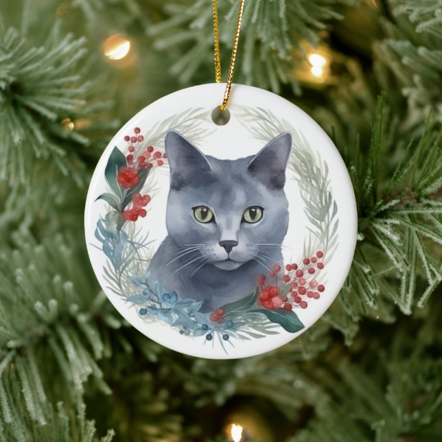 Russian Blue Cat Christmas Wreath Festive Kitten Ceramic Ornament (Tree)