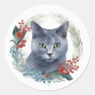 Russian Blue Cat Christmas Wreath Festive Kitten Classic Round Sticker