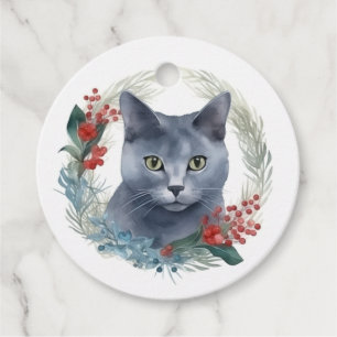 Russian Blue Cat Christmas Wreath Festive Kitten Favour Tags