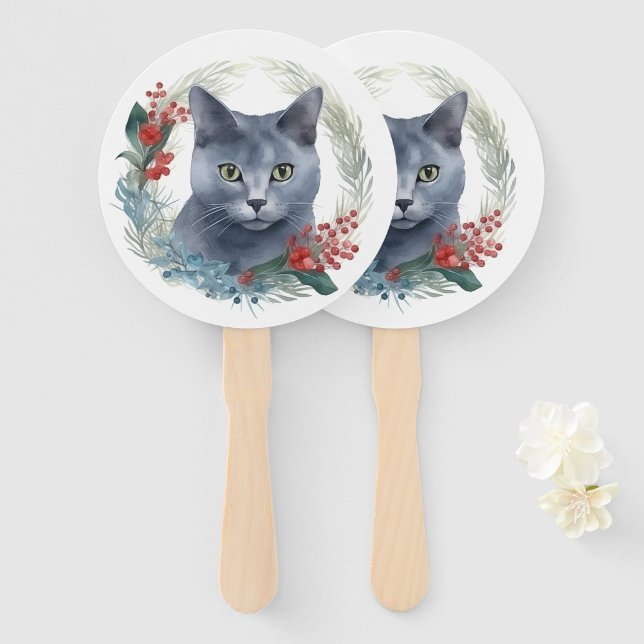 Russian Blue Cat Christmas Wreath Festive Kitten Hand Fan (Front and Back)