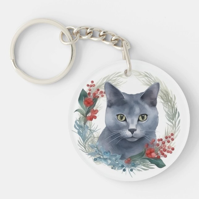 Russian Blue Cat Christmas Wreath Festive Kitten Key Ring (Front)
