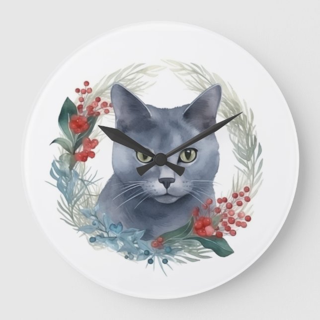 Russian Blue Cat Christmas Wreath Festive Kitten Large Clock (Front)