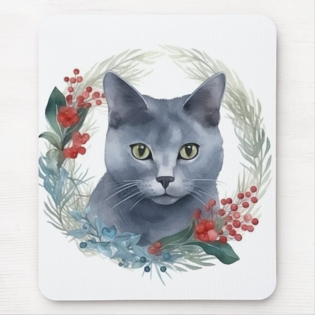 Russian Blue Cat Christmas Wreath Festive Kitten Mouse Pad (Front)
