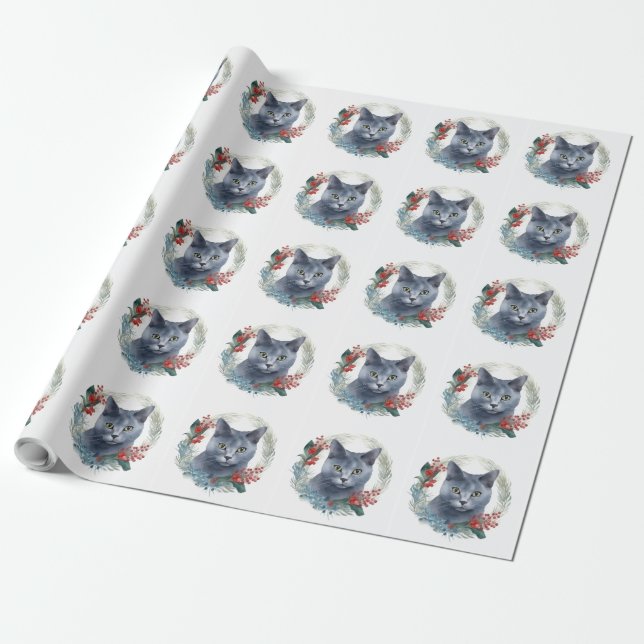Russian Blue Cat Christmas Wreath Festive Kitten Wrapping Paper (Unrolled)