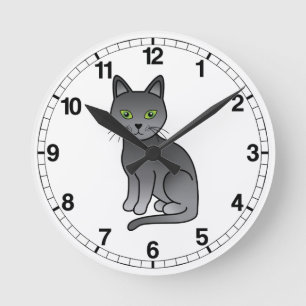 Russian Blue Cat Cute Cartoon Illustration Round Clock