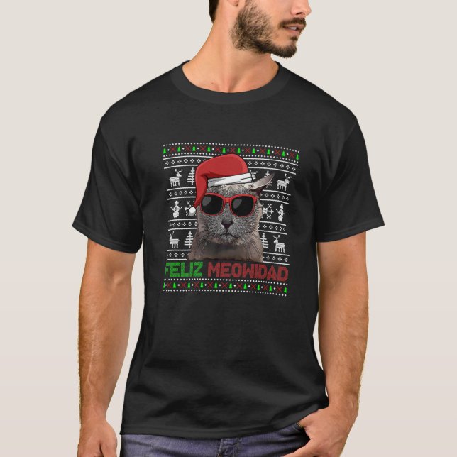 Russian Blue Cat Feliz Meowidad Funny Christmas T-Shirt (Front)