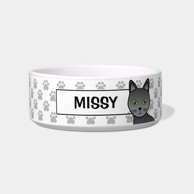 Russian Blue Cat Head, Cat's Name And Paw Pattern Bowl (Front)