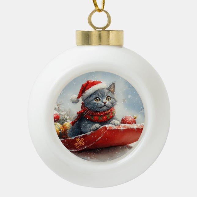 Russian Blue Cat in Sledge Let it Snow Christmas Ceramic Ball Christmas Ornament (Front)