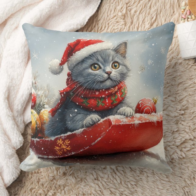 Russian Blue Cat in Sledge Let it Snow Christmas Cushion (Blanket)