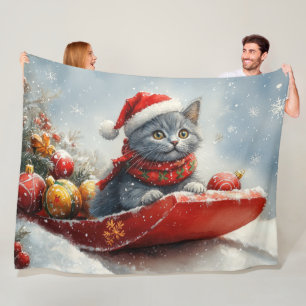 Russian Blue Cat in Sledge Let it Snow Christmas Fleece Blanket