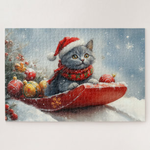Russian Blue Cat in Sledge Let it Snow Christmas Jigsaw Puzzle