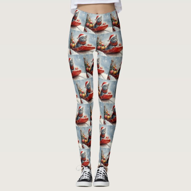Russian Blue Cat in Sledge Let it Snow Christmas Leggings (Front)