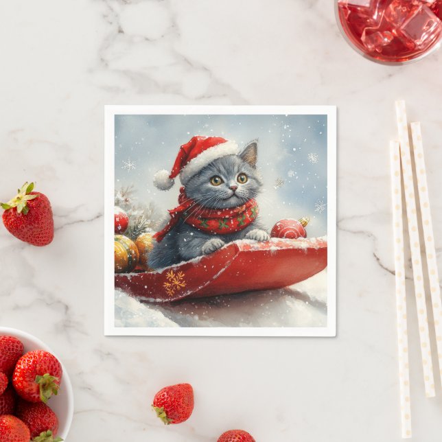 Russian Blue Cat in Sledge Let it Snow Christmas Napkin (Insitu)