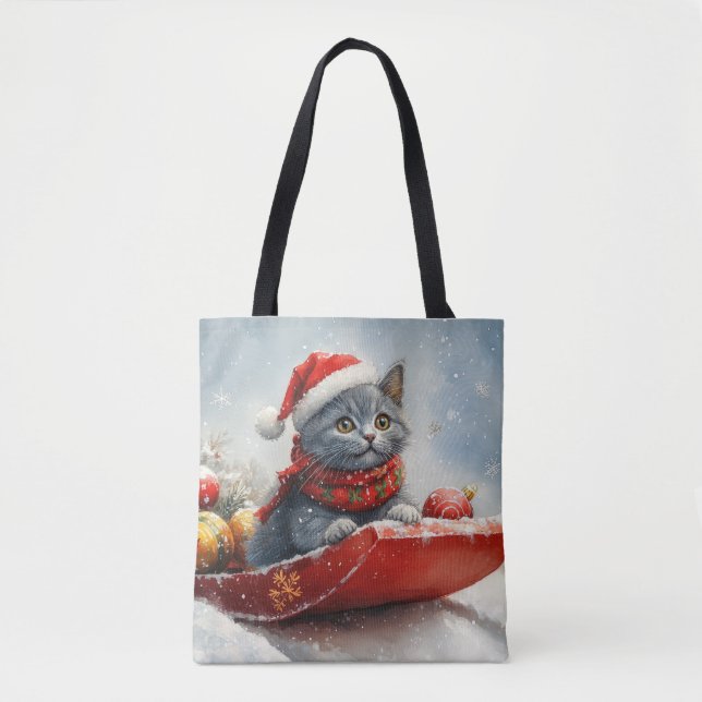 Russian Blue Cat in Sledge Let it Snow Christmas Tote Bag (Front)