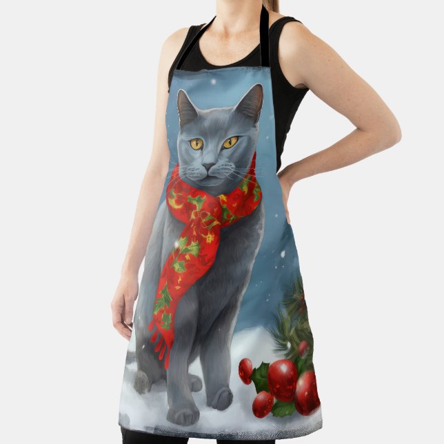 Russian Blue Cat in Snow Christmas Apron (Insitu)