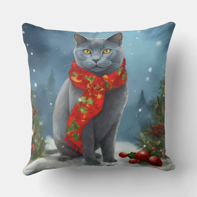 Russian Blue Cat in Snow Christmas Cushion (Back)