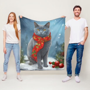 Russian Blue Cat in Snow Christmas Fleece Blanket