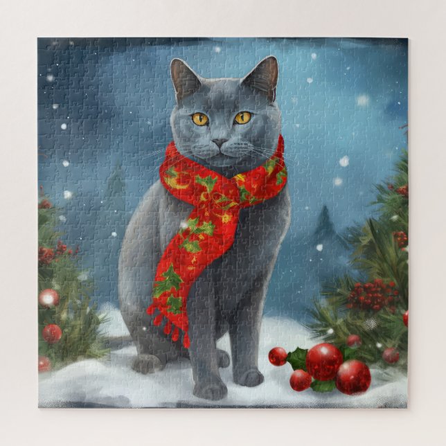 Russian Blue Cat in Snow Christmas Jigsaw Puzzle (Vertical)
