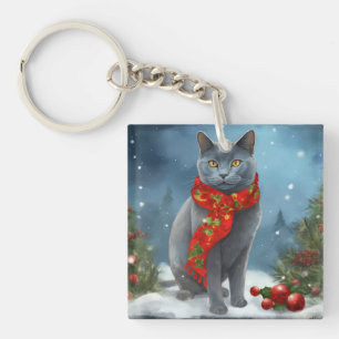Russian Blue Cat in Snow Christmas Key Ring
