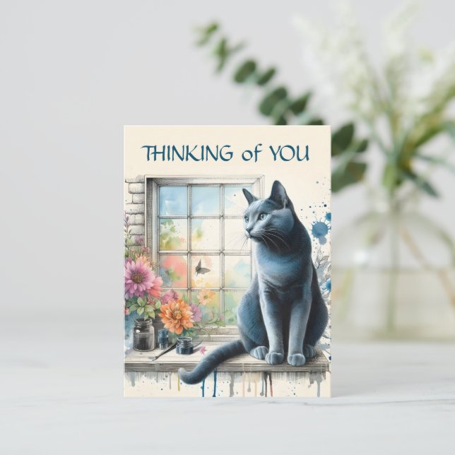 Russian Blue Cat in Window with Summer Flowers  Postcard (Standing Front)