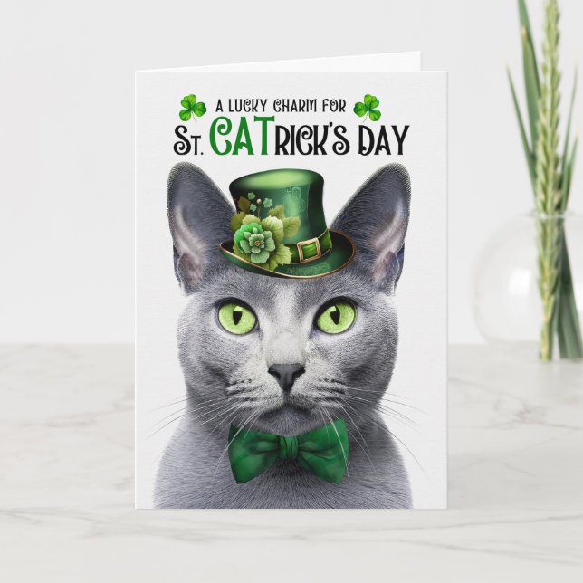 Russian Blue Cat Lucky Charm St CATrick's Day Holiday Card (Front)