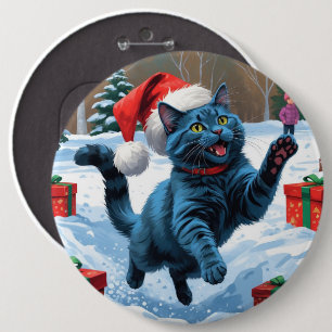 Russian Blue Cat Running Snow with Christmas Hat 6 Cm Round Badge