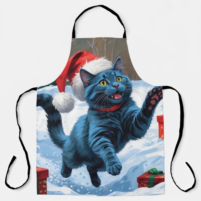 Russian Blue Cat Running Snow with Christmas Hat Apron (Front)