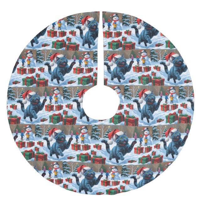 Russian Blue Cat Running Snow with Christmas Hat Brushed Polyester Tree Skirt (Front)