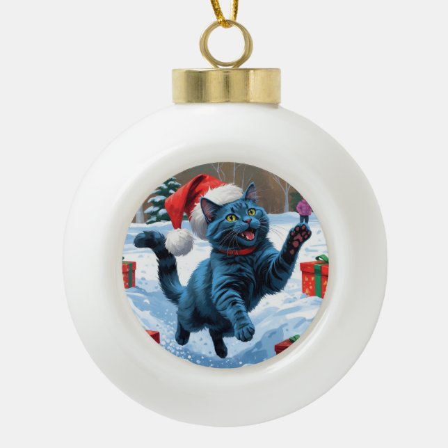 Russian Blue Cat Running Snow with Christmas Hat Ceramic Ball Christmas Ornament (Front)