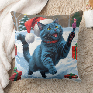Russian Blue Cat Running Snow with Christmas Hat Cushion