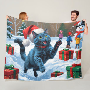 Russian Blue Cat Running Snow with Christmas Hat Fleece Blanket