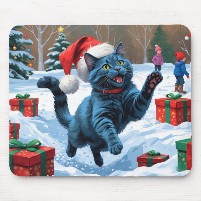 Russian Blue Cat Running Snow with Christmas Hat Mouse Pad (Front)