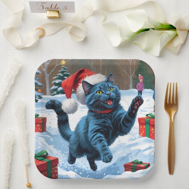 Russian Blue Cat Running Snow with Christmas Hat Paper Plate (Wedding)